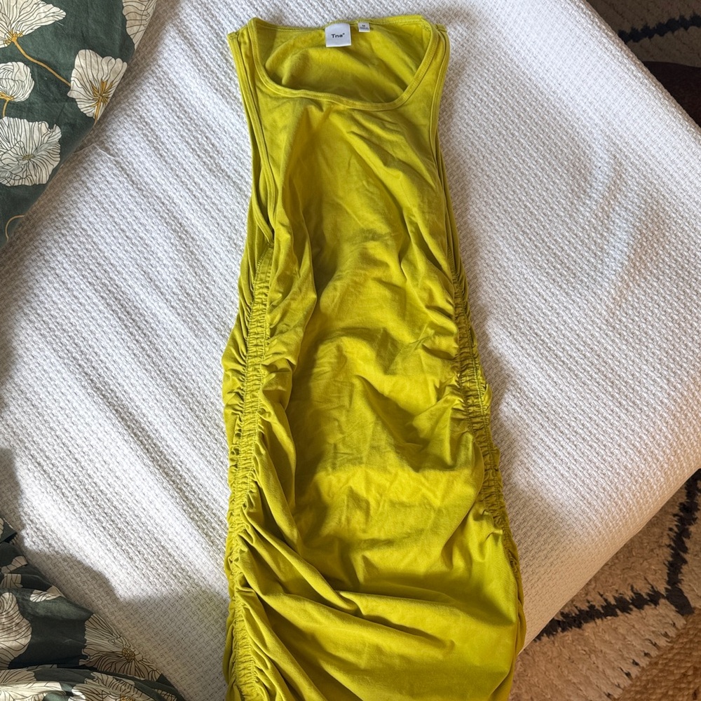 Aritzia TNA Chartreuse Ruched Cotton Stretch Dress